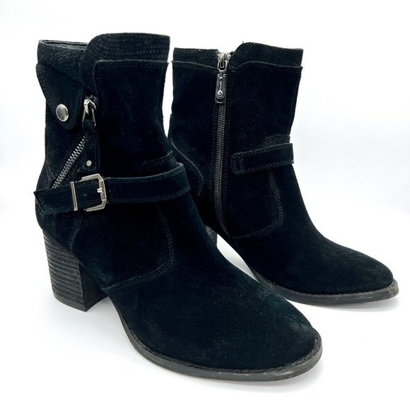 Blondo Waterproof Suede Leather Heeled Moto Booties Chunky Heel Winter Boots 7.5 - Picture 2 of 11